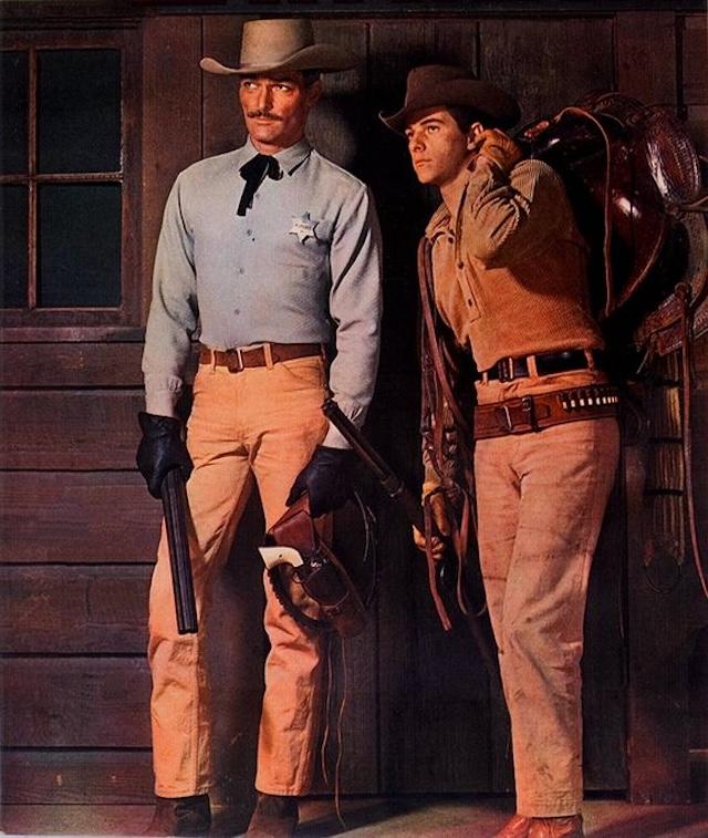 John Russell as Marshal Dan Troop and Peter Brown as Deputy Johnny McKay in a scene from Lawman, embodying the classic Western lawman duo with strength and authority
